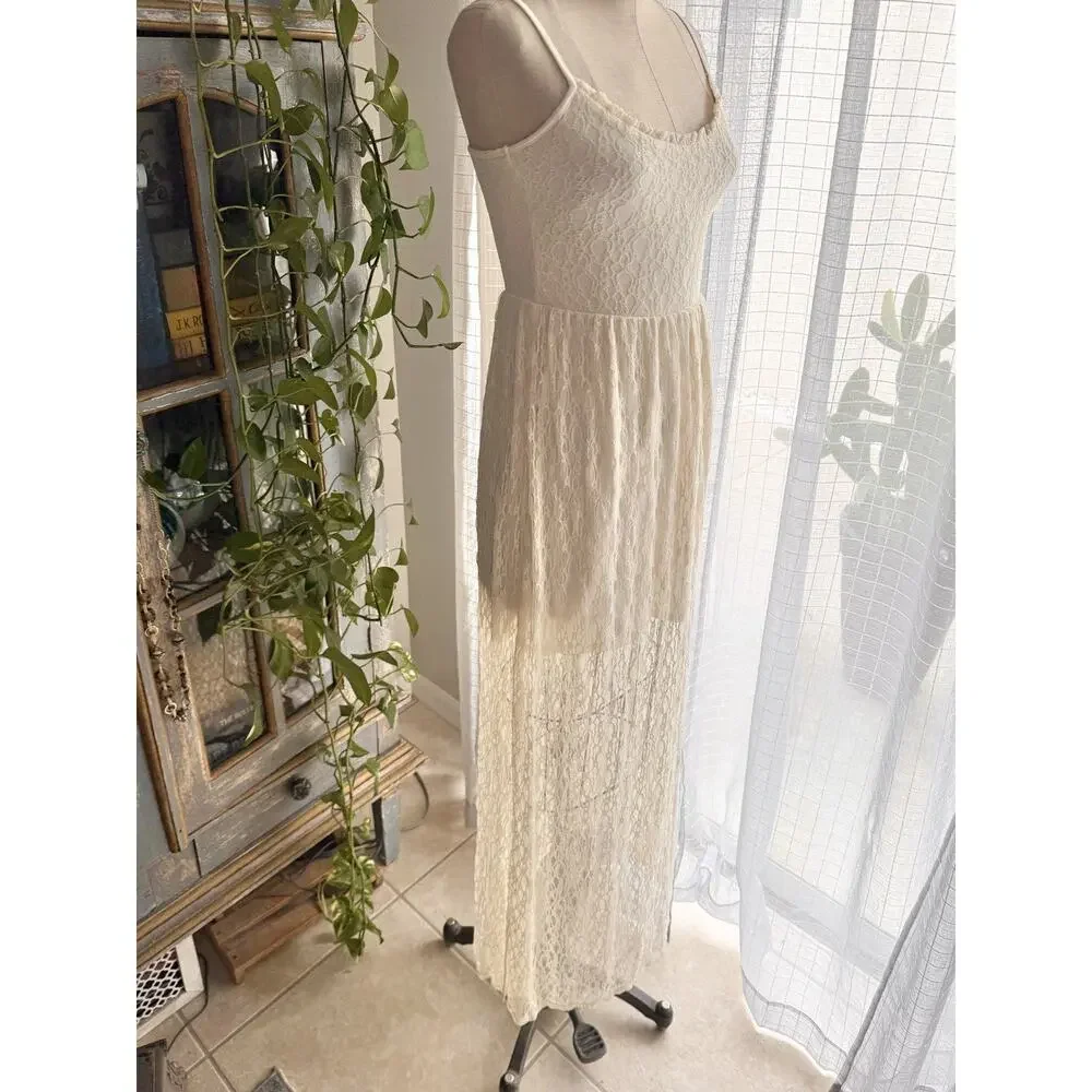 90s Abercrombie and Fitch Ivory Lace Maxi Dress Half Lined Stretchy Fairy Long S